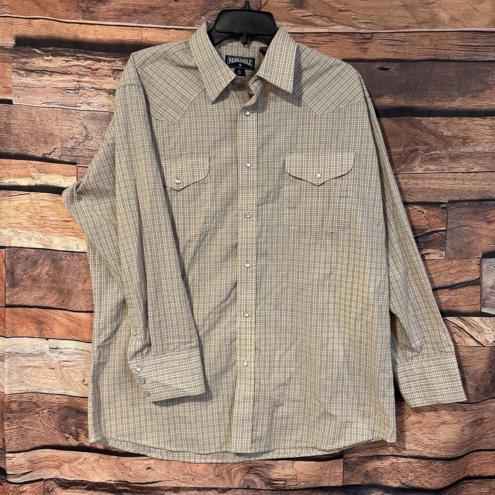 Panhandle Slim Shirt Mens Large 16.5 Pearl Snap Western Plaid Tan Brown Blend